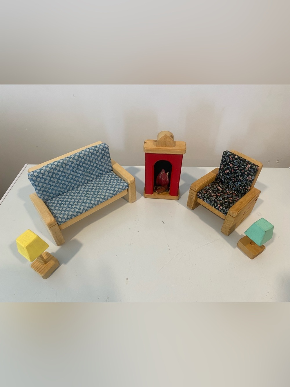 Handmade Wooden Dollhouse Living Room Furniture Set - Sofa , Chair , Fireplace